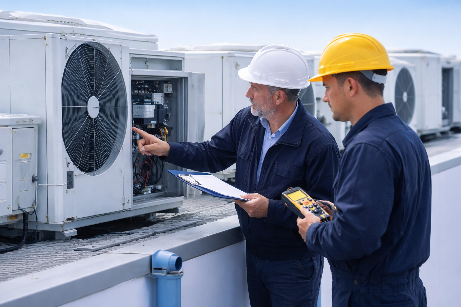 Técnicos revisando sistema de aire acondicionado
